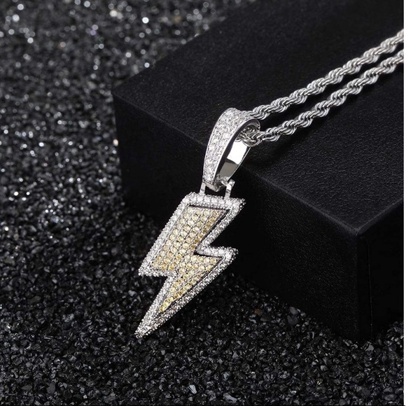 18k Gold Iced Out Lightning Pendant w/ Necklace - Picture 5 of 8